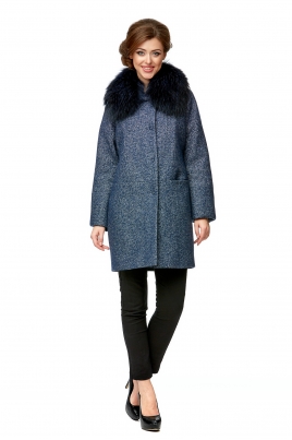 Длинное женское пальто из текстиля с воротником, отделка енот